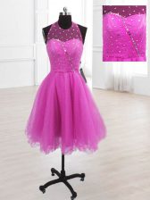 Fitting Sequins A-line Prom Evening Gown Fuchsia High-neck Organza Sleeveless Knee Length Lace Up