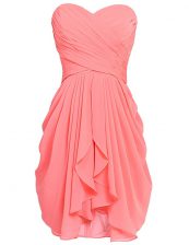  Knee Length Lace Up Prom Dress Watermelon Red for Prom and Party with Ruching