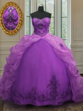 Inexpensive Purple Sweetheart Neckline Beading and Appliques and Pick Ups Quinceanera Dresses Sleeveless Lace Up