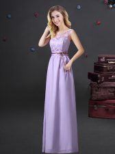 See Through Lavender Chiffon Lace Up Scoop Sleeveless Floor Length Dama Dress for Quinceanera Lace and Appliques and Belt