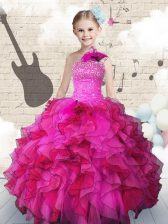 Nice One Shoulder Beading and Ruffles Party Dress for Toddlers Hot Pink Lace Up Sleeveless Floor Length