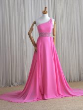 Hot Sale Rose Pink Chiffon Lace Up One Shoulder Sleeveless Prom Evening Gown Brush Train Beading