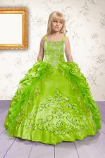  Spaghetti Straps Sleeveless Satin Girls Pageant Dresses Beading and Appliques and Pick Ups Lace Up