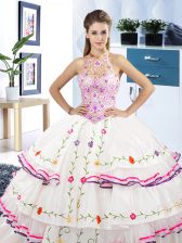  Ruffled Ball Gowns Sweet 16 Quinceanera Dress White Halter Top Organza and Taffeta Sleeveless Floor Length Lace Up