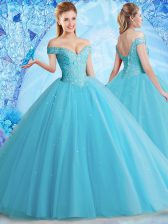  Aqua Blue Ball Gowns Tulle Off The Shoulder Sleeveless Beading and Lace Floor Length Lace Up Quince Ball Gowns