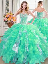 Cute Sequins Sweetheart Sleeveless Lace Up 15 Quinceanera Dress Turquoise Organza