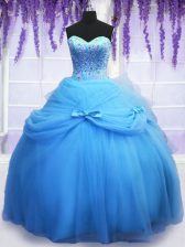 Exquisite Blue Ball Gowns Sweetheart Sleeveless Tulle Floor Length Lace Up Beading and Bowknot Ball Gown Prom Dress