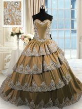  Brown Lace Up Sweetheart Beading and Appliques and Ruffled Layers Vestidos de Quinceanera Taffeta Sleeveless Court Train
