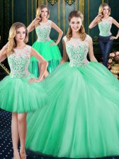 Artistic Four Piece Apple Green Tulle Zipper Scoop Sleeveless Floor Length 15th Birthday Dress Lace and Pick Ups