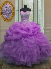 Attractive Sleeveless Floor Length Beading and Ruffles and Pick Ups Lace Up Quinceanera Gowns with Lavender