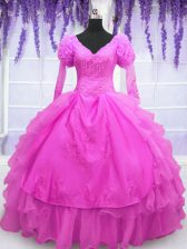  Hot Pink Ball Gowns V-neck Long Sleeves Organza Floor Length Lace Up Beading and Embroidery and Hand Made Flower Quinceanera Dress