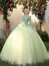 Custom Fit Scoop Floor Length Light Yellow Quinceanera Dress Tulle Long Sleeves Appliques