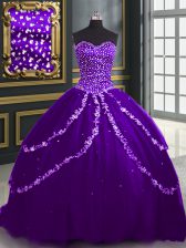  With Train Purple Sweet 16 Quinceanera Dress Sweetheart Sleeveless Brush Train Lace Up