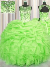 Captivating See Through Quince Ball Gowns Military Ball and Sweet 16 and Quinceanera with Beading and Ruffles and Pick Ups Scoop Sleeveless Lace Up