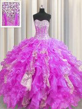  Visible Boning Lilac Sweet 16 Quinceanera Dress Military Ball and Sweet 16 and Quinceanera with Beading and Ruffles and Sequins Sweetheart Sleeveless Lace Up