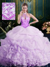  Lavender Ball Gowns Organza Halter Top Sleeveless Beading and Lace and Appliques and Ruffles and Pick Ups Lace Up Quinceanera Gowns Brush Train