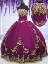 Chic Floor Length Zipper 15 Quinceanera Dress Fuchsia for Military Ball and Sweet 16 and Quinceanera with Appliques