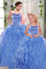  Organza Sweetheart Sleeveless Lace Up Beading and Ruffles Quinceanera Dress in Blue