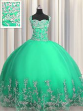 Perfect Sweetheart Sleeveless Quinceanera Gown Floor Length Beading and Appliques Turquoise Organza