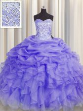 Gorgeous Lavender Sweetheart Neckline Beading and Ruffles Quince Ball Gowns Sleeveless Lace Up