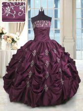 Decent Strapless Sleeveless 15 Quinceanera Dress Floor Length Beading and Appliques and Embroidery and Pick Ups Burgundy Taffeta