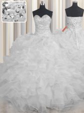 Classical White Organza Lace Up Quinceanera Gown Sleeveless Floor Length Beading and Ruffles