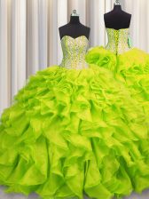 Fantastic Visible Boning Floor Length Yellow Green Quinceanera Gown Organza Sleeveless Beading and Ruffles