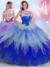 Custom Made High-neck Sleeveless Tulle Quinceanera Gowns Beading and Ruffles Zipper