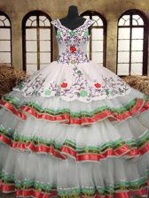 Latest Embroidery Ruffled Layers Multi-color Sleeveless Organza Lace Up Quinceanera Gowns for Military Ball and Sweet 16 and Quinceanera