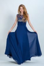  Navy Blue Column/Sheath Scoop Sleeveless Chiffon Floor Length Zipper Beading Prom Dress