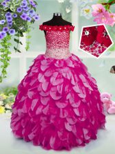 Fashion Fuchsia Organza Lace Up Off The Shoulder Sleeveless Floor Length Kids Formal Wear Beading and Hand Made Flower