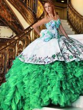 Fine Ball Gowns Appliques and Embroidery and Ruffles Vestidos de Quinceanera Lace Up Organza Sleeveless Floor Length