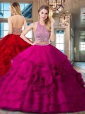 Ideal Halter Top Fuchsia Two Pieces Beading and Ruffles Sweet 16 Dress Backless Organza Sleeveless With Train