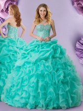  Turquoise Organza Lace Up 15 Quinceanera Dress Sleeveless Floor Length Beading and Ruffles and Pick Ups