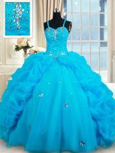  Pick Ups Floor Length Baby Blue Quinceanera Gowns Straps Sleeveless Lace Up