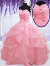 Best Baby Pink Ball Gowns Sweetheart Sleeveless Organza Floor Length Lace Up Beading and Hand Made Flower 15th Birthday Dress