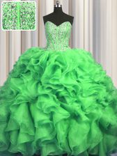  Visible Boning Bling-bling Lace Up Sweetheart Beading and Ruffles Ball Gown Prom Dress Organza Sleeveless Sweep Train