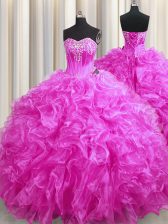  Fuchsia Sleeveless Organza Sweep Train Lace Up Quinceanera Dress for Military Ball and Sweet 16 and Quinceanera
