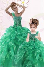 Best Selling One Shoulder Green Sleeveless Floor Length Beading and Ruffles Lace Up 15 Quinceanera Dress