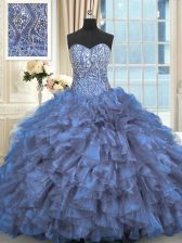  Blue Lace Up Sweetheart Beading and Ruffles Quinceanera Dresses Organza Sleeveless Brush Train