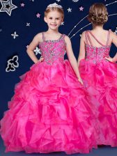  Asymmetric Sleeveless Zipper Party Dress for Girls Hot Pink Organza