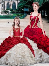  White And Red Lace Up Straps Beading and Ruffles and Pick Ups 15th Birthday Dress Organza and Taffeta Sleeveless Brush Train