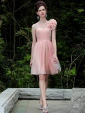Fancy One Shoulder Peach Sleeveless Tulle Side Zipper Prom Gown for Prom and Party