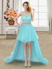 Romantic Scoop Aqua Blue Tulle Zipper Dress for Prom Sleeveless High Low Beading