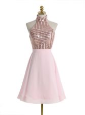  Halter Top Sequins Homecoming Dress Baby Pink Backless Sleeveless Knee Length