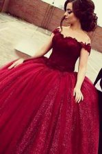  Off the Shoulder Wine Red Short Sleeves Sequined Zipper Dress for Prom for Prom