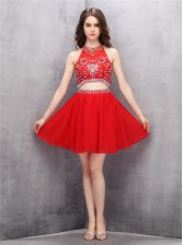 Glittering Scoop Sleeveless Mini Length Beading Zipper Prom Party Dress with Red