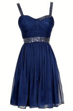 Popular Navy Blue Sleeveless Knee Length Sequins Zipper Prom Party Dress