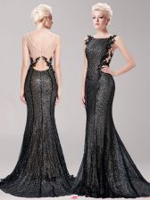 Vintage Mermaid Square Sleeveless With Train Appliques and Sequins Clasp Handle Prom Gown with Black Brush Train