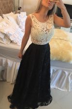  White And Black Column/Sheath Scoop Sleeveless Lace Floor Length Side Zipper Beading and Lace Prom Party Dress